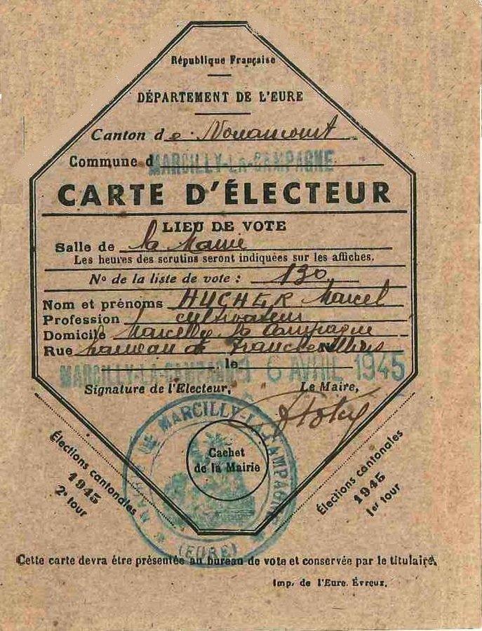 Carte d'électeur de 1945 à Marcilly-la-Campagne