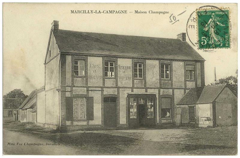 Carte postale ancienne de Marcilly-la-Campagne - la Maison Champagne (café-billard et épicerie)