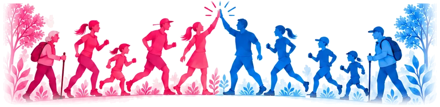 Marcheurs et coureurs, en rose et en bleu